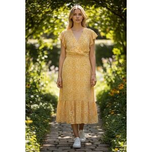 PRETTYGARDEN Yellow Leopard Print Ruffle Midi Dress XXL V-Neck Tiered Boho